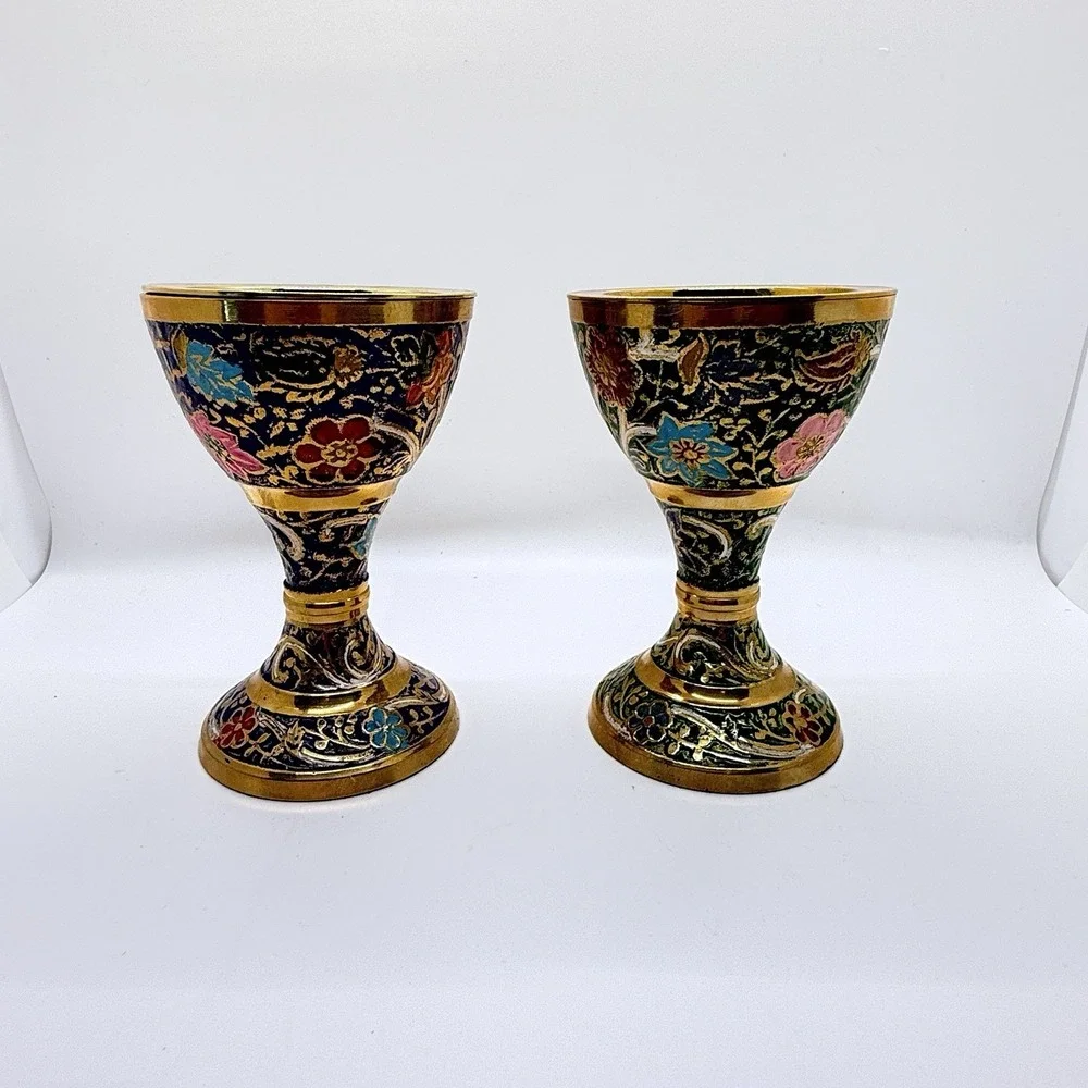 Vintage Brass Meenakari Enamel Bakhoor Burners Pair Floral Chalice Altar Decor